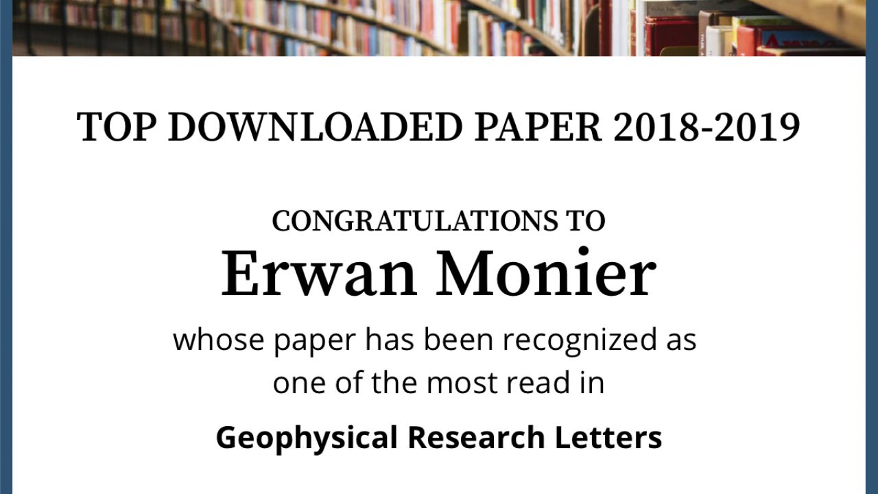 Wiley 'Top downloaded paper award 2018-2019' in Geophysical Research Letters