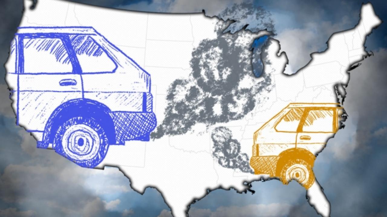New MIT study finds more than half of all air-quality-related early deaths in the United States are a result of cross-state pollution, or emissions originating outside of the state in which those deaths occur. Image: Chelsea Turner, MIT. Air quality in the US